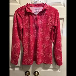 L L Bean Womens Top Size Small Pink Floral Running Shirt Long Sleeve 1/4 Zip